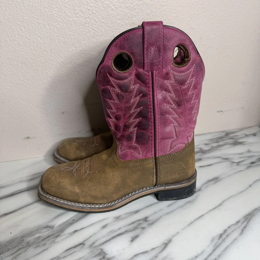 Shyanne Girls Pink & Brown Leather Western Boots Size 3 Cowgirl Boho Ranch Rodeo